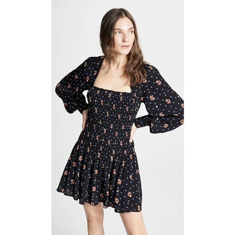 Free‎ People Two Faces Mini Dress Black Floral Smocked Long Sleeve Size S